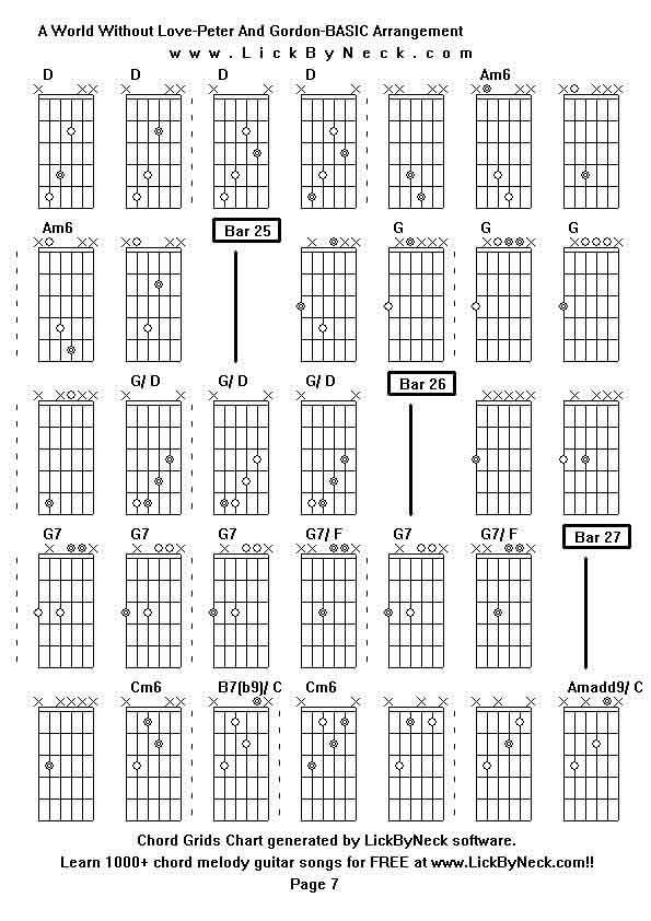 Chord Grids Chart of chord melody fingerstyle guitar song-A World Without Love-Peter And Gordon-BASIC Arrangement,generated by LickByNeck software.